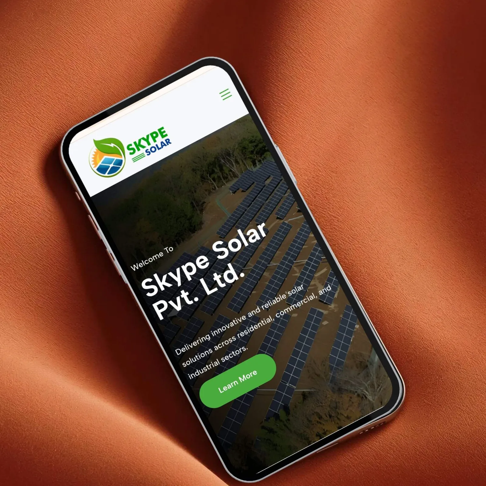 Skype Solar Pvt. Ltd. website designed by CoregenX, shown on a mobile phone